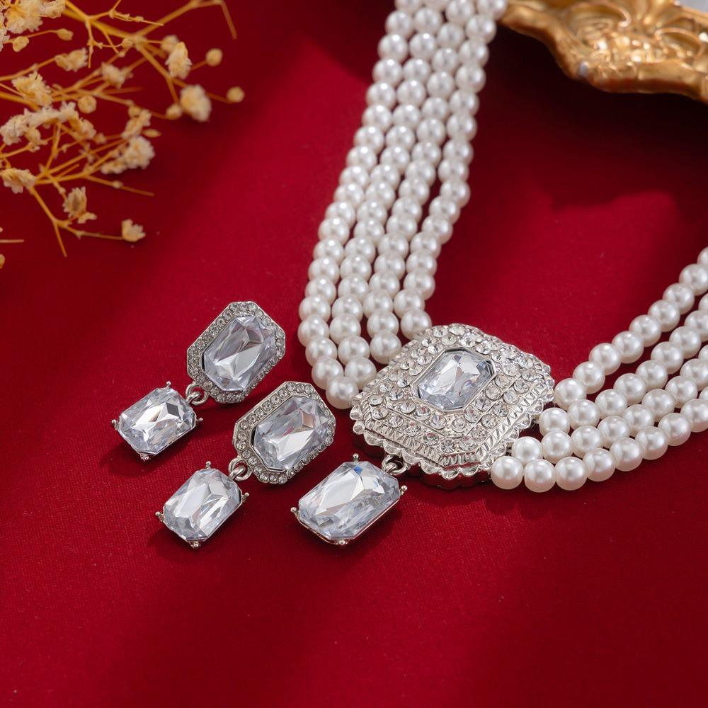 Imitation Rhinestone Necklace Earrings Luxury Choker Necklace Set Pearl Multilayer Necklace  Ladies