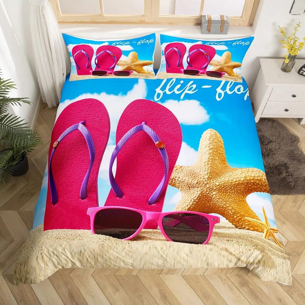 Strand-Flip-Flops Bettbezug-Set Queen Rustikales Bauernhaus-Deckenbezug für Teenager Mädchen Romantischer Hawaii-Ozean-Stil Bettwäsche-Set