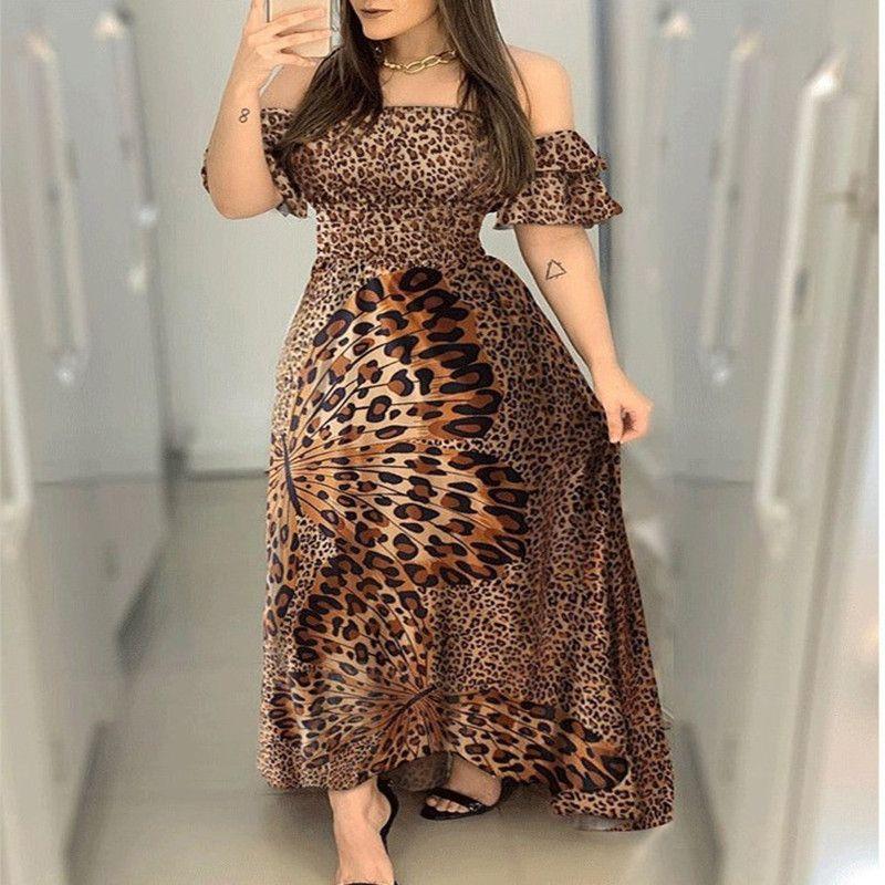 

Summer New Arrival Women s Clothing Fashion Butterfly Print Dress Leopard Print off-Shoulder Waist Large Swing Ruffle Sleeve Dress Picture color 2XL