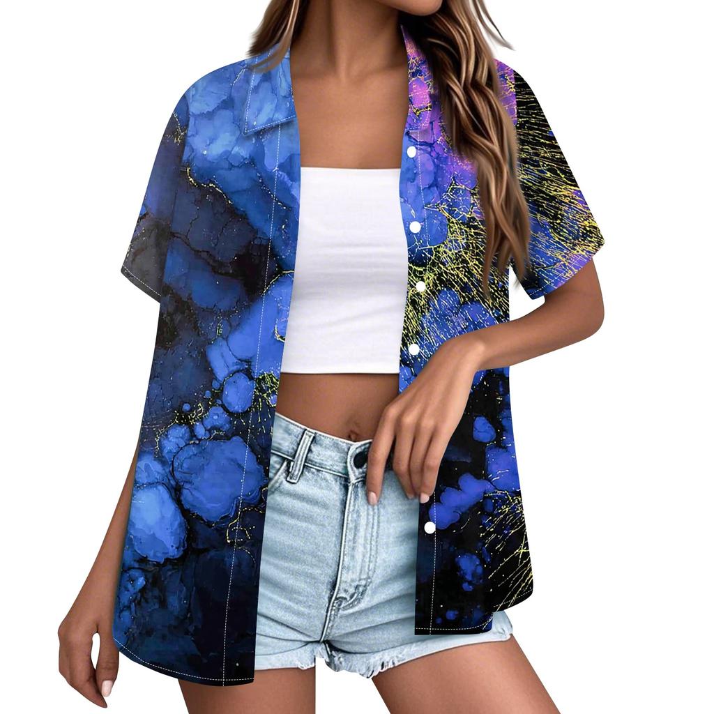 Women Casual Summer Beach Shirt Textured Print Short Sleeve Button Down Jacket Top Lightweight Loose Fit