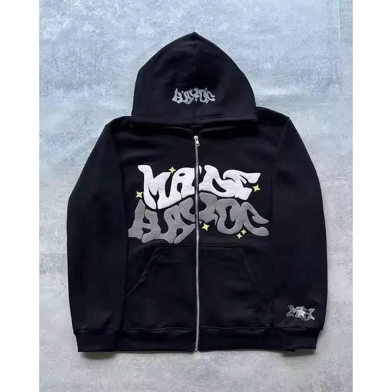 European and American Fashion Fleece Print Zippered Hooded Sweatshirt for Men and Women, Casual Multi-Functional Sports Top