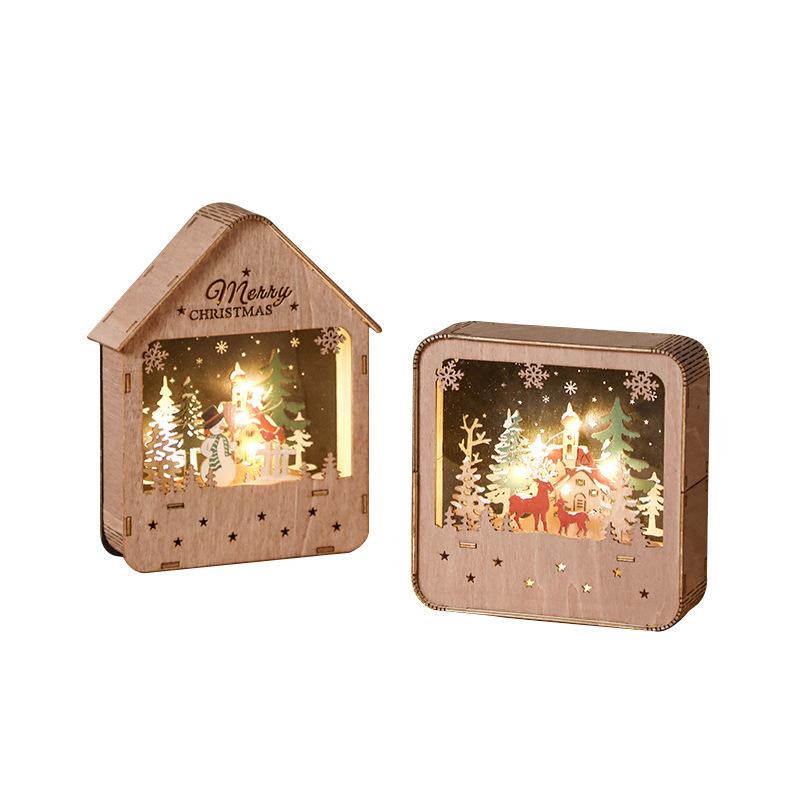 Christmas Glowing Log Cabin Painted Wooden House Window Scene Ornament Led Night Light Decoration Gift