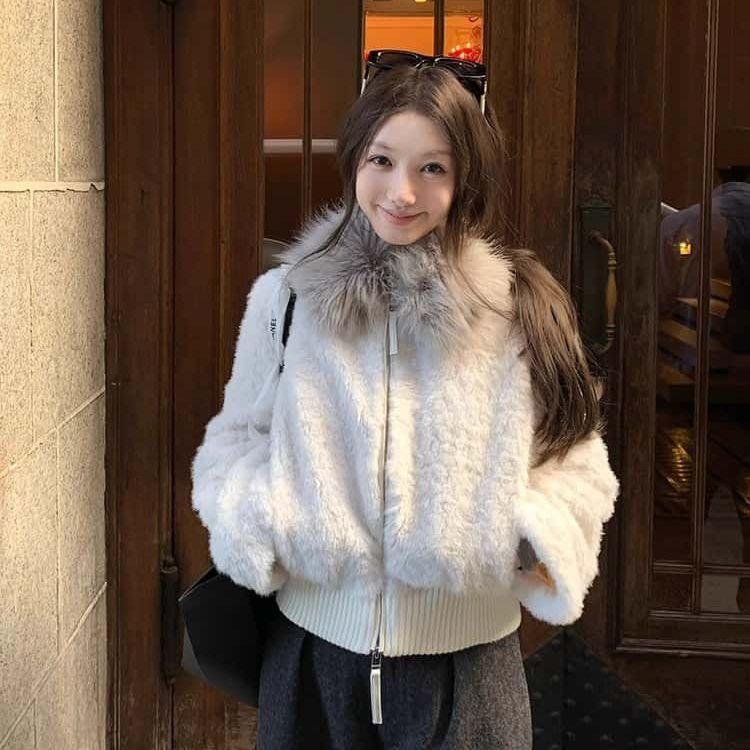 

Экологичное Теплое Утолщенное Хлопковое Пальто Женское Зимнее Корейский Стиль Роскошный Большой Меховой Воротник Куртка из Овечьей Шерсти Прямого Кроя S бежевый