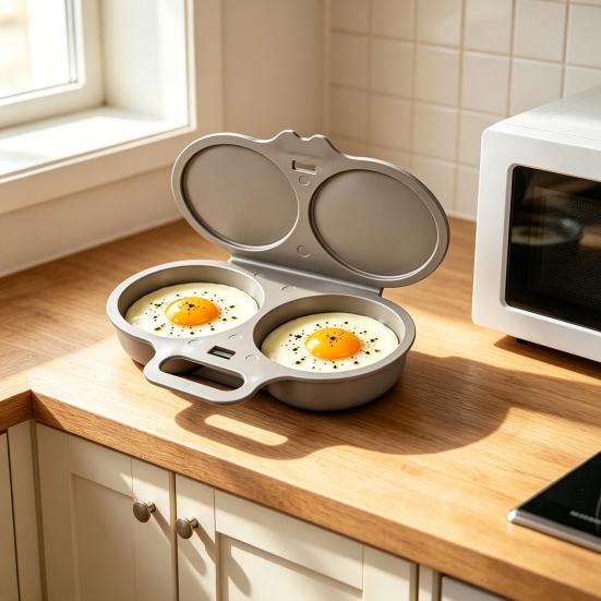 Essential Kitchen Gadget for Breakfast Dual Cavity Microwave Egg Poacher with Lid And Handle, Food Grade Plastic Simple Cooker Home Steamer,
