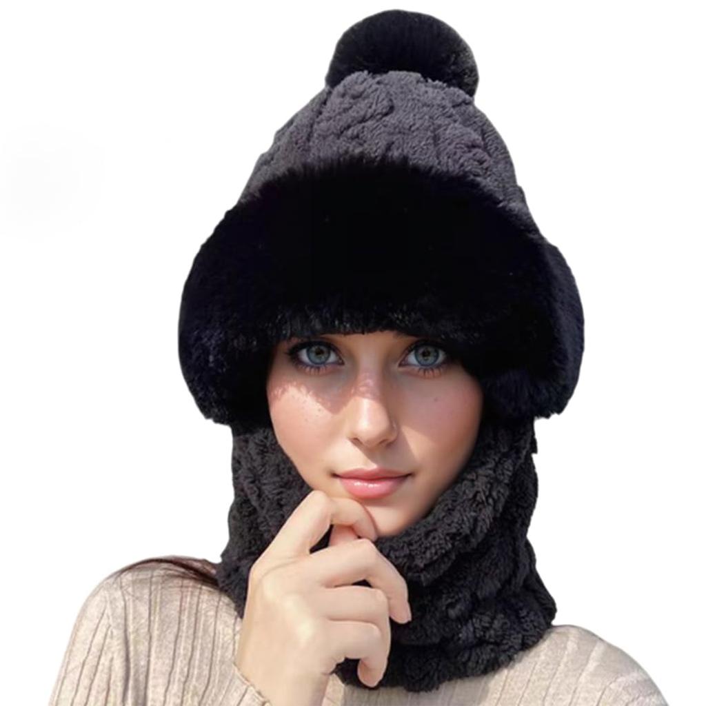 Winter Scarf Hooded Hat Set Women Plush Neck Warm Outdoor Skiing Caps Windproof Plush Hat Thick Plush Fluffy Hood