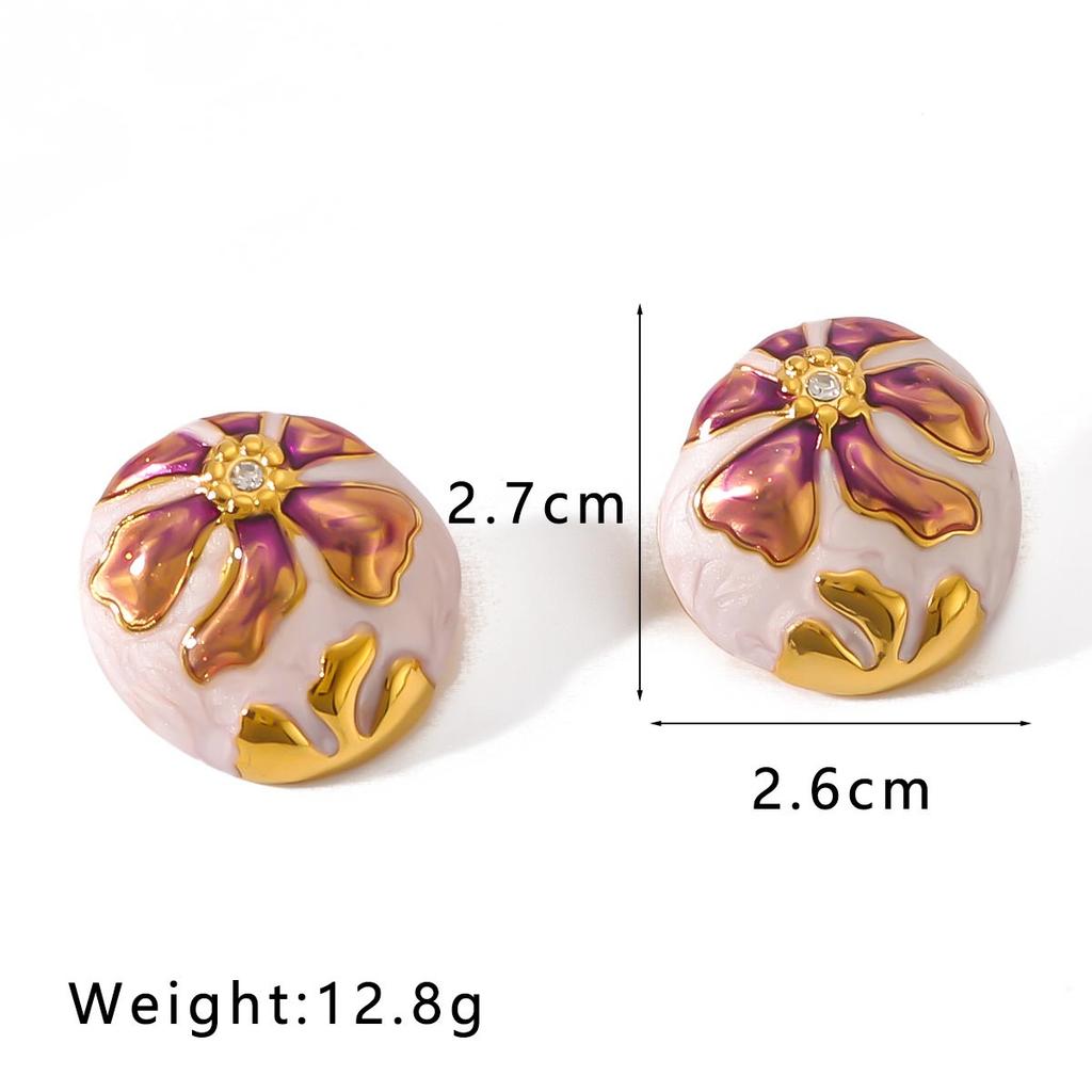 Circle Hopp Drop Oil Flower Earrings For Women Gold Color Stainless Steel Colorful Charm Stud