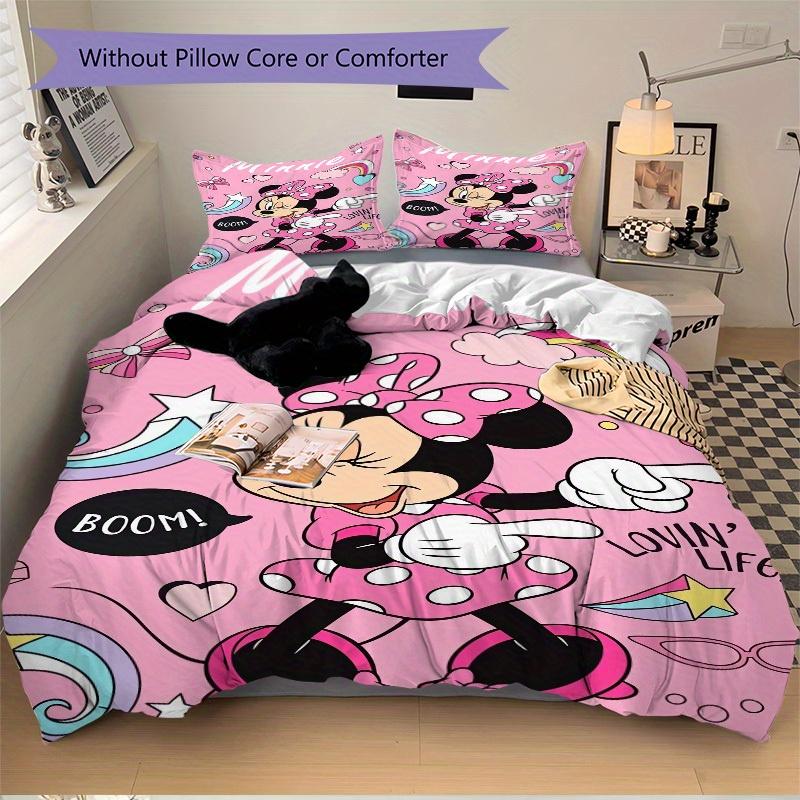 3pcs set Minnie Mouse, Pink Background, Cartoon Style Bedding Set with Duvet Cover+Pillowcases, All-Season Polyester, Zipper Closure78