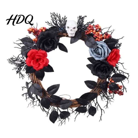 Indoor Holiday Ornament Gothic Black White Blue Rose Twig Wreath 15 Inch Halloween Skull Wreath Sophisticated Floral with Twisted Branches