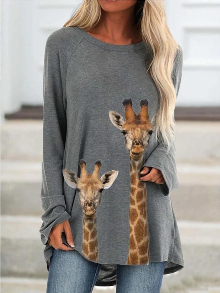 Plus Size Women Spring Giraffe Printed Comfy Long Sleeve Round Collar T-shirt Casual Baggy Mid Length Tee Tops