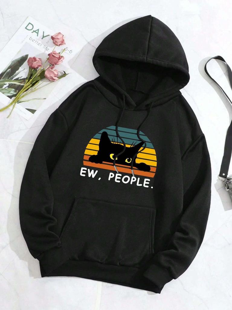 Women's & Unisex (for) Slim Fit Fleece Hoodie - EW PEOPLE Logo & Cat Letter Print Sweatshirt Black with Orange/Yellow Striped desi
