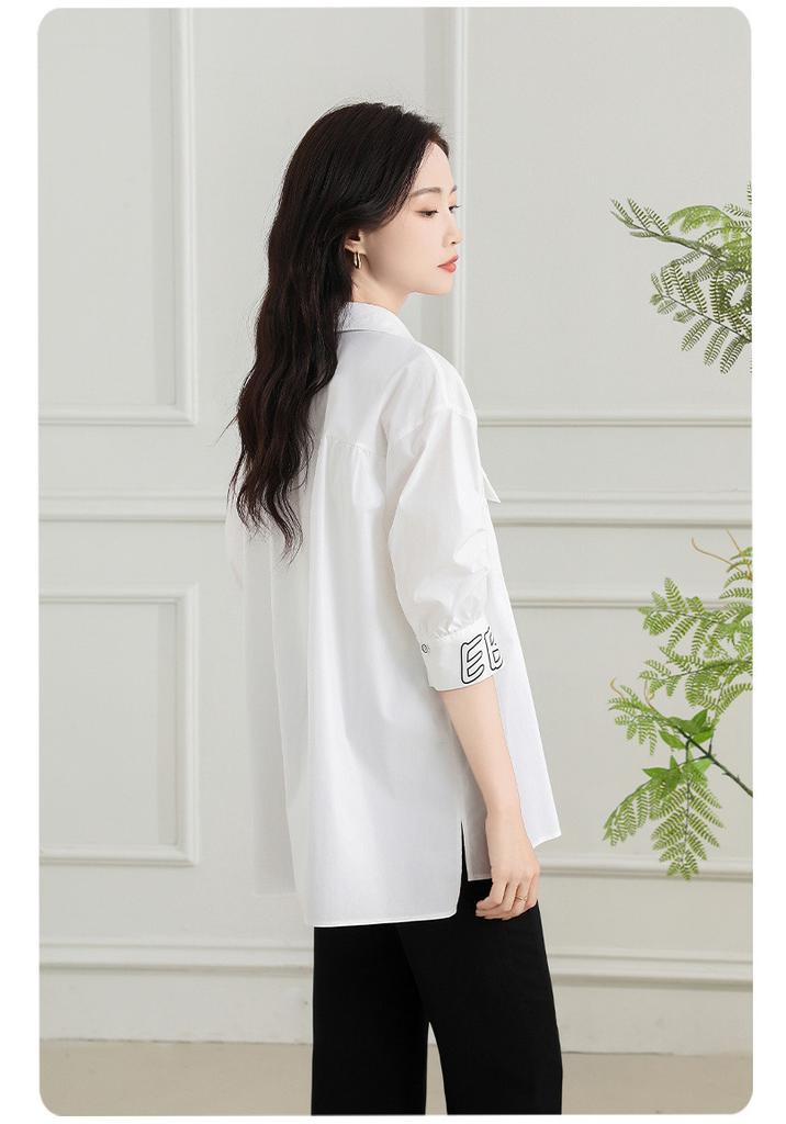 [Shirt] Summer collar solid color thin cardigan temperament versatile mid length shirt for women