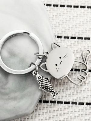 Cat Eating Fish Stainless Steel Cute Cartoon Cat Keychain