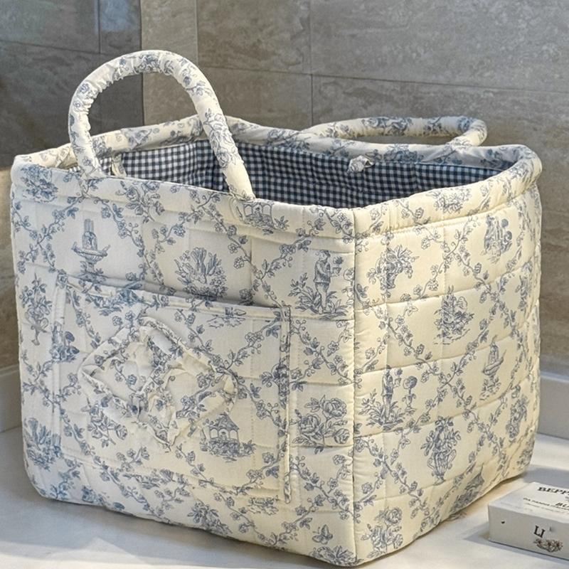 Floral Pattern Quilted Cotton Storage Basket Foldable Lightweight with Handles for Home Laundry Toy Organization