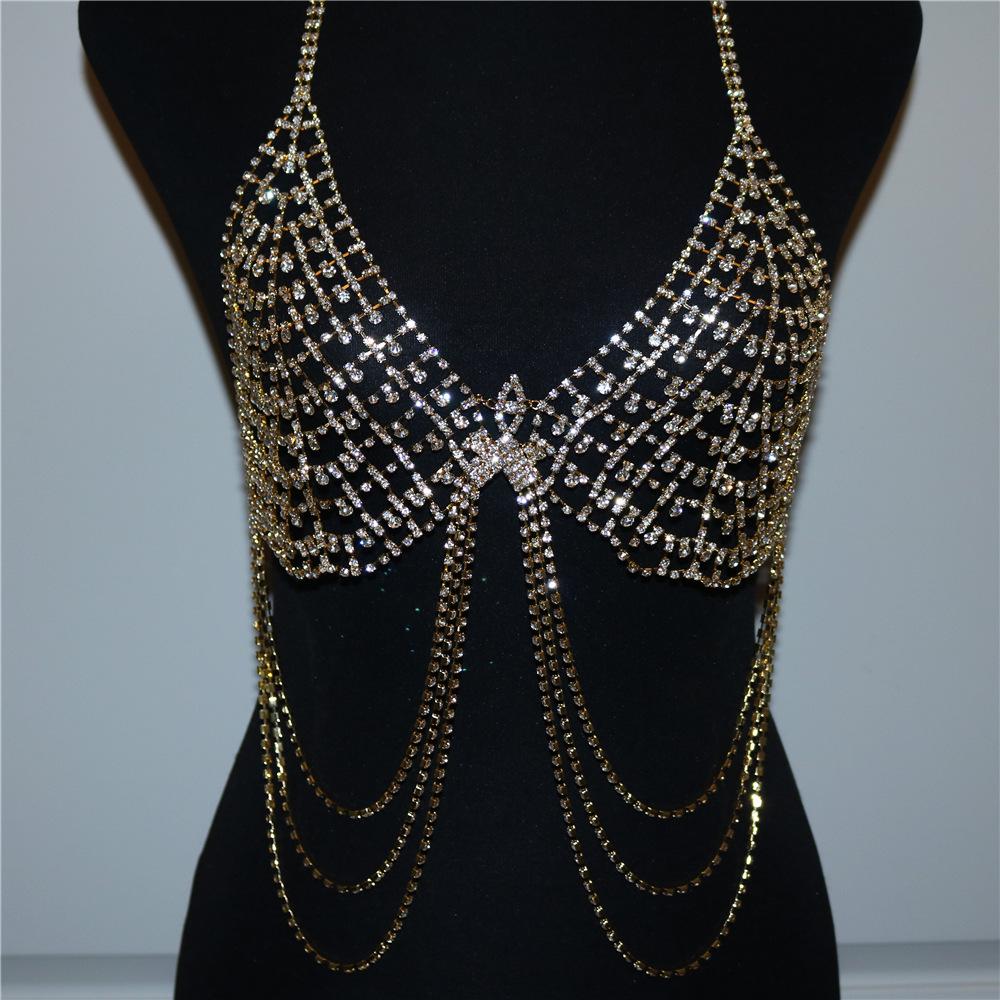 Exaggerated Rhinestone Sling Bra Chain Fringed Belly Dance Waist Chain Sexy Flash Diamond Thong Body Chain Set