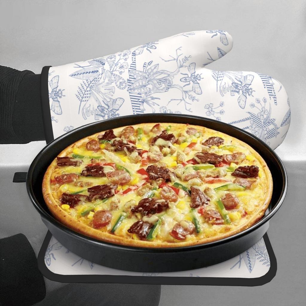 Ofenhandschuhe und Topfhandschuhe Set Retro-Muster Küchenhandschuhe mit Topfhandschuh-Oberfläche zum Backen Kochen BBQ