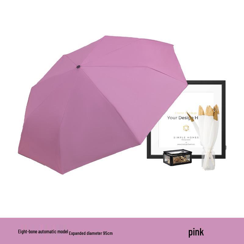 8-Rib Automatic Three-Fold Umbrella with Logo, Thickened Black Glue for Sun and Rain