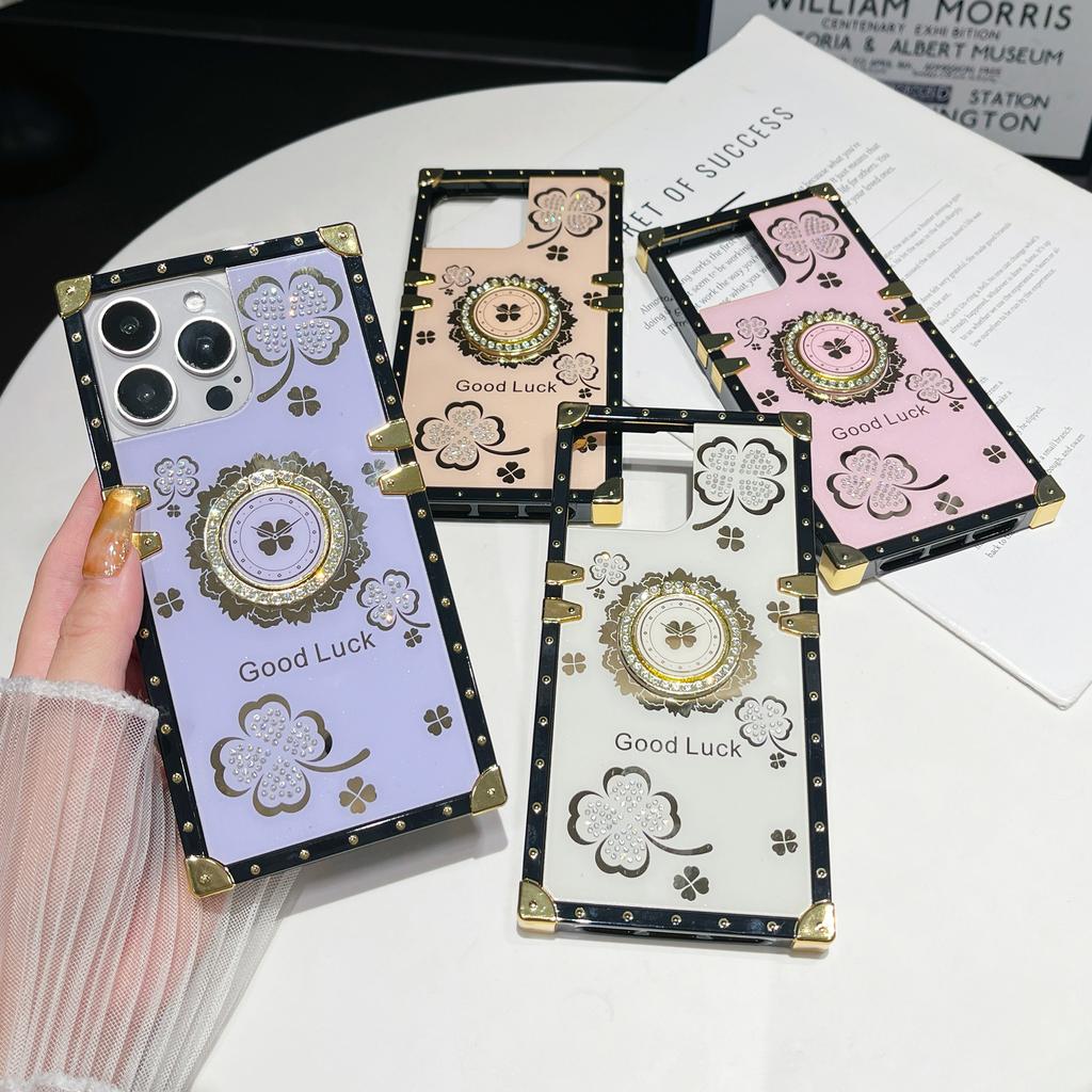 For iPhone 16 Pro Max Case with Kickstand Four Leaf Clover Pattern Electroplating TPU + PC Phone Cover