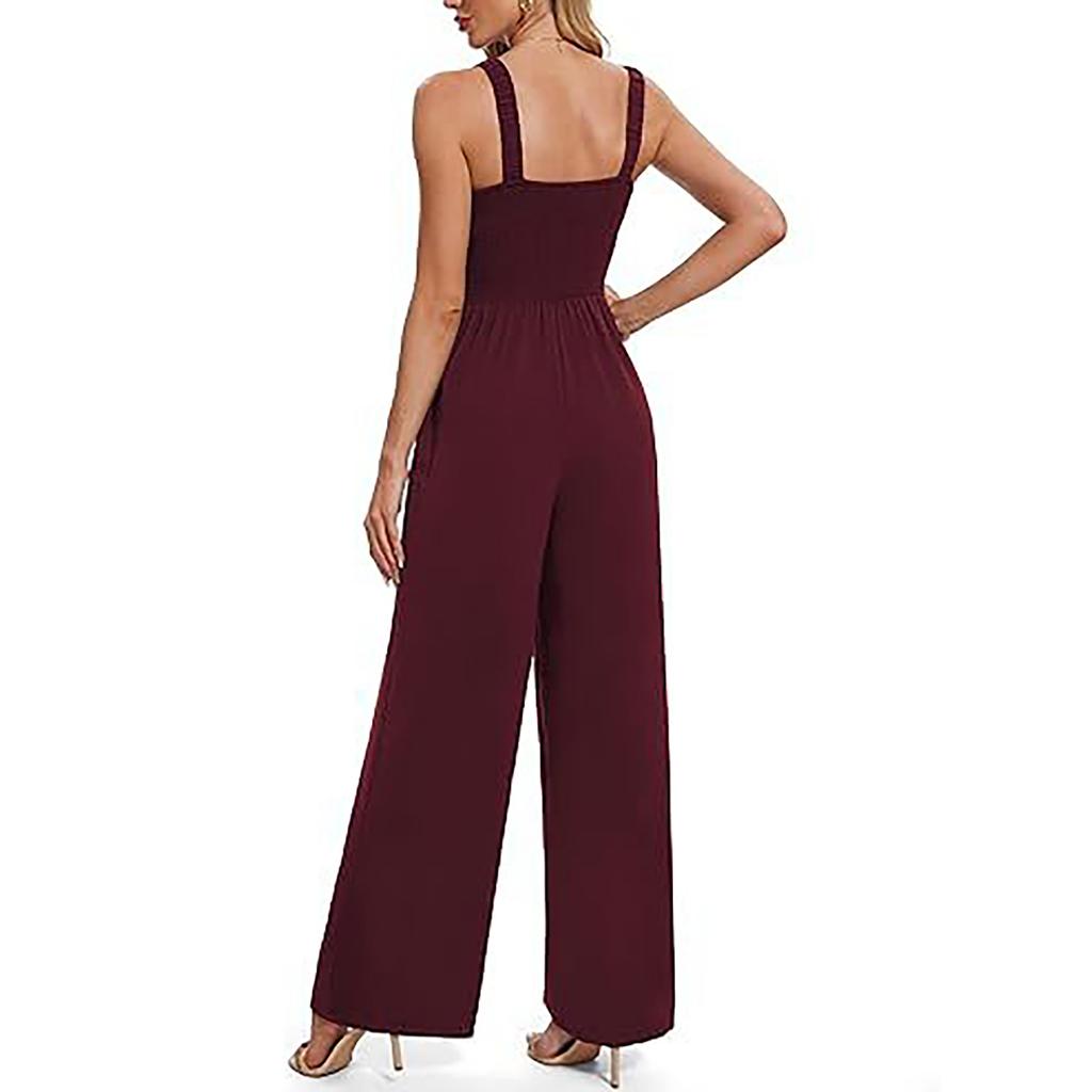 Women Sleeveless Square Neck Wide Leg Jumpsuit with Adjustable Straps and Pockets Casual Loose Fit Outfit