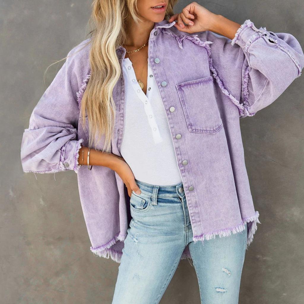 Long Sleeve Denim Jacket Women Washed Raw Edge Mid-Length Loose Jacket