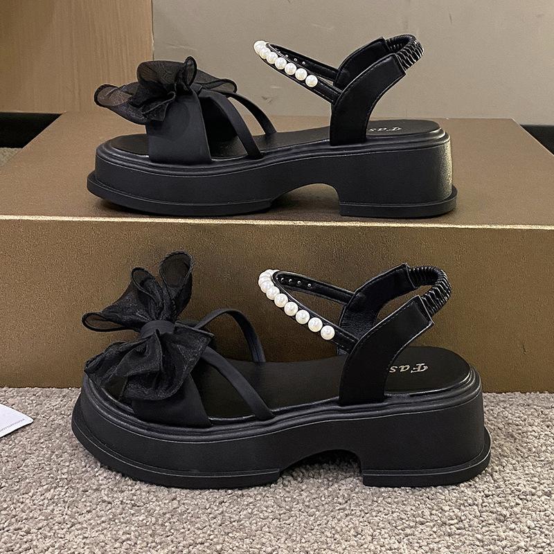 

Женская обувь на распродаже 2025 Лето Новая мода Бант Женские сандалии Универсальные Современные Повседневные сандалии Женские Однотонные Туфли на платформе 35 чёрный