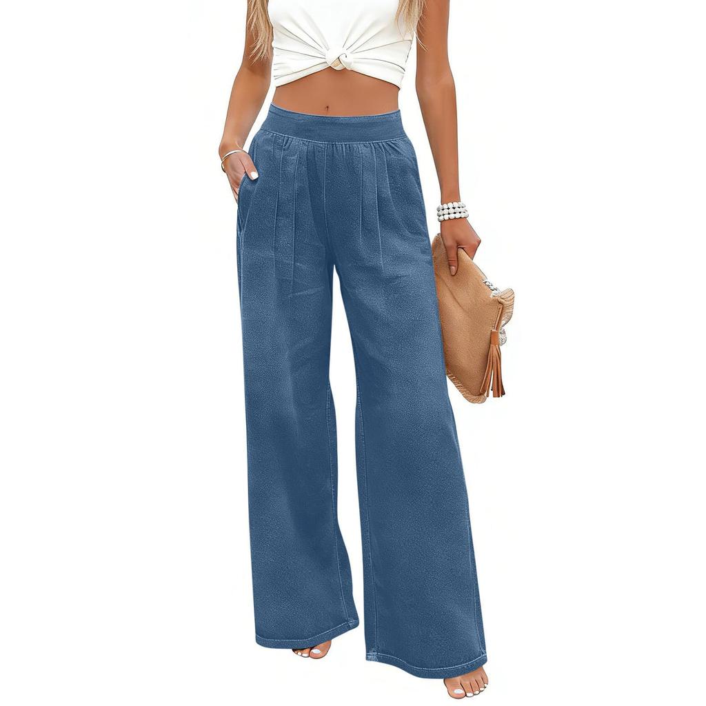 Women's Fashionable Color Elastic Waist Pocket Loose Wide Leg Imitation Denim Casual Pants