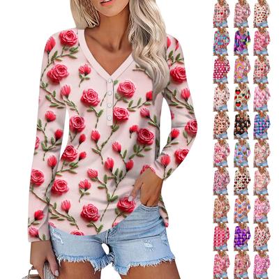 Top de Manga Larga Casual de Moda con Estampado de Corazón de Amor para el Día de San Valentín para Mujer con Cuello en V y Botones en el Cuello