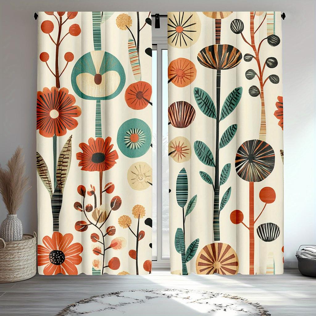 2Pcs Leafy Scandinavian Curtains - Geometric Round & Modern Boho Design, 100% Polyester Semi-Transparent Rod Pocket Curtains Wit