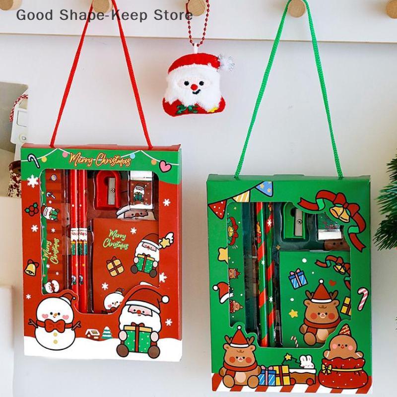 6Pcs/set Cartoon Christmas Kawaii Children Stationery Set Pencil Sharpener Erasers Pencils Rulers School Stationery Supplies