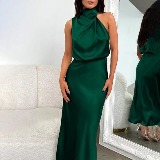 Damen Neckholder, ärmelloses Kleid, schulterfrei, Taille, eng anliegend, hüftumwickelt, lockerer Saum, glatter Satin, Party-Midikleid