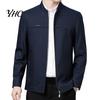 Solid Color Men Coat Spring Fall Stand Collar Mid-aged Father Jacket Long Cardigan Sleeve Smooth Zipper Closure Warm Business Style Pockets Winter