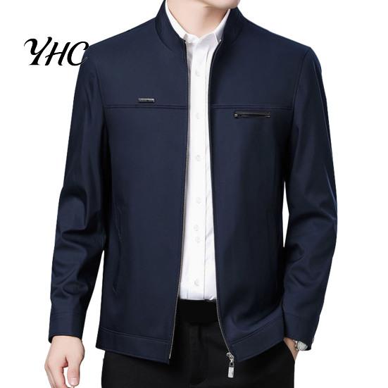 Solid Color Men Coat Spring Fall Stand Collar Mid-aged Father Jacket Long Cardigan Sleeve Smooth Zipper Closure Warm Business Style Pockets Winter