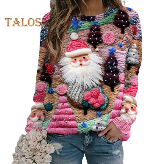 Julegenser Dame 3D Juletre Hus Trykk Rund Hals Langermet Topper Lett Ferie Genser Topper