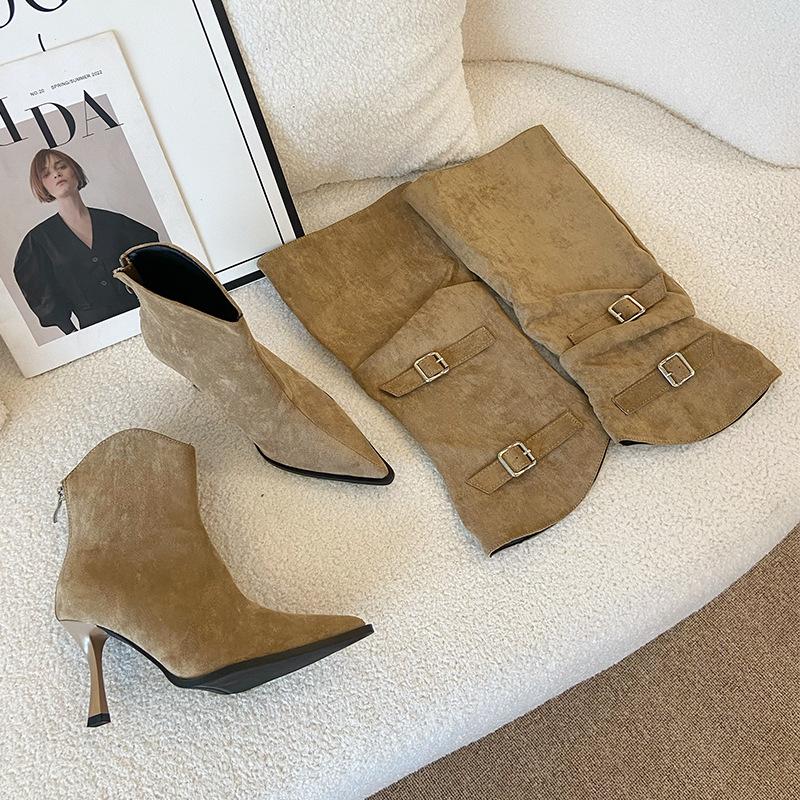 

F868-2 Съемные 2 Носить 2025 Новые Осенне-Зимние Ботильоны на Тонком Каблуке с Острым Носком и Пряжкой-Ремнем, Женские Ботильоны на Высоком Каблуке 39 хаки