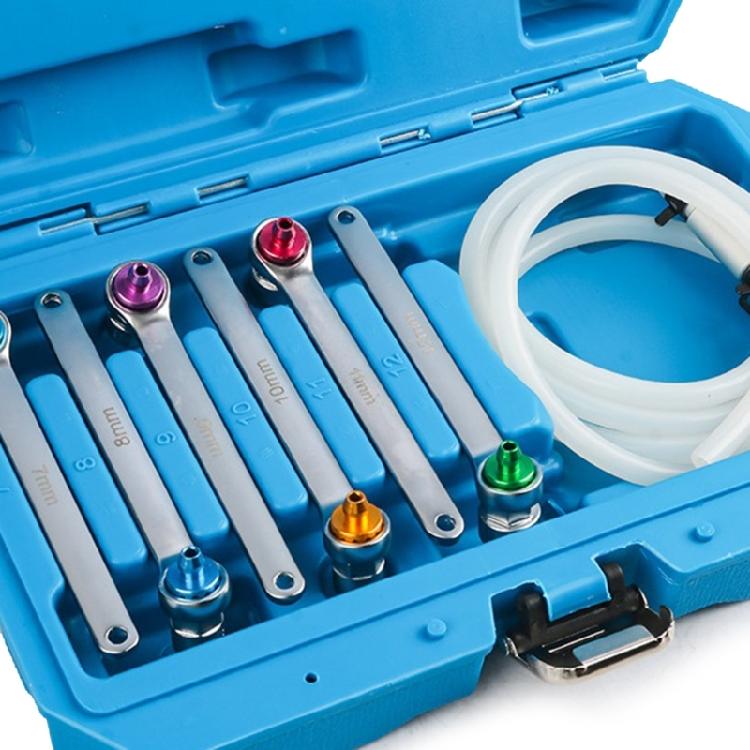 Grade Brake Bleeder Tool Set 7 12mm 12 Point Wrench Anti Backflow Valves And Extended Silicone Hose Included
