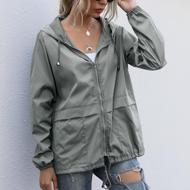 Damen Einfarbig Regenjacke Outdoor Wander-Hoodie Wasserdicht Winddicht Langer Mantel Femme Oberbekleidung Damenbekleidung Windbreaker