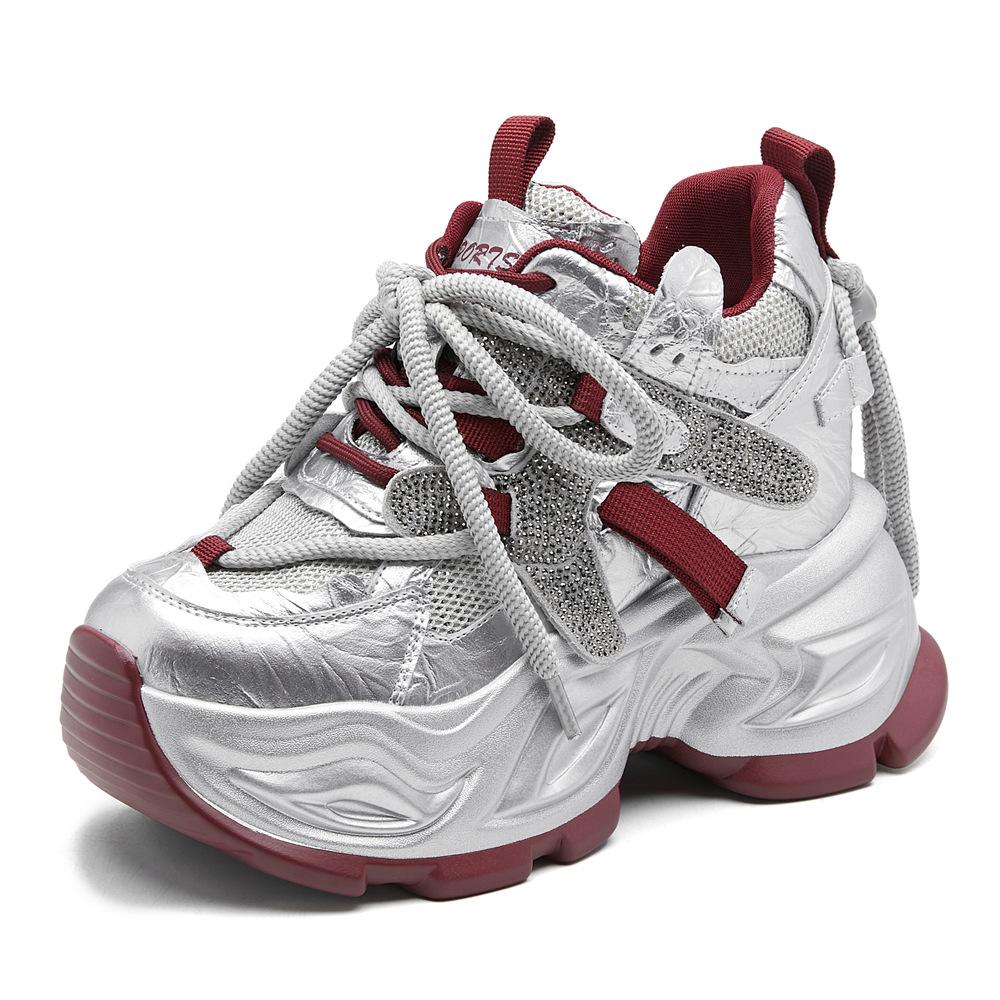 

Стразы платформа кроссовки папа женские 2025 весна новые модные универсальные повседневные спортивные туфли маффин внутренняя высота увеличивающая женская обувь 35 серебряный