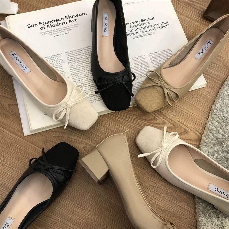 With skirt high heels single shoes flat shoes evening gentle commute bow autumn French women's shoes