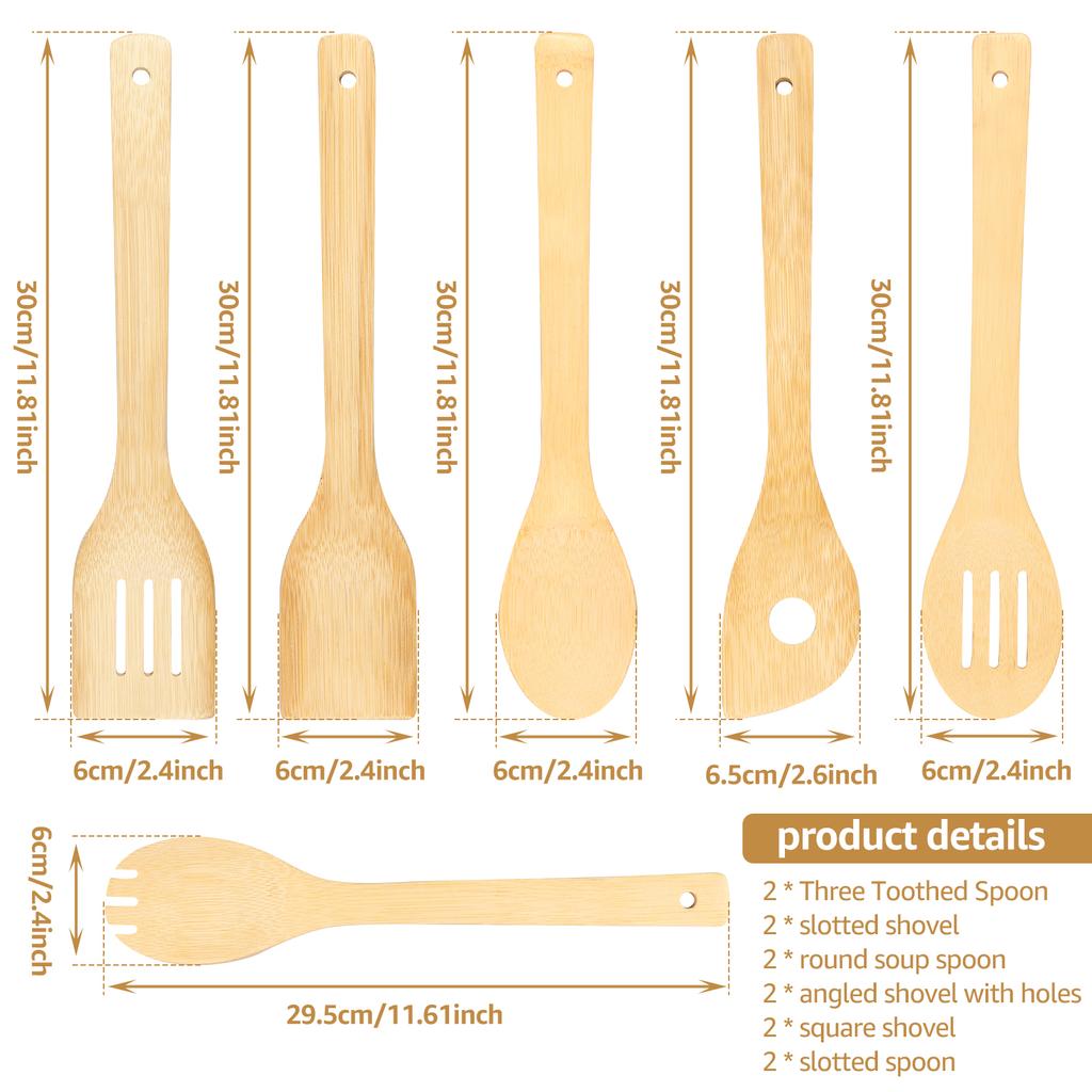 12Pcs Bamboo Cooking Utensils Set Non Stick Bamboo Spoon Spatula Enduring Kitchen Utensil Wooden Cooking Tools Mixing Set
