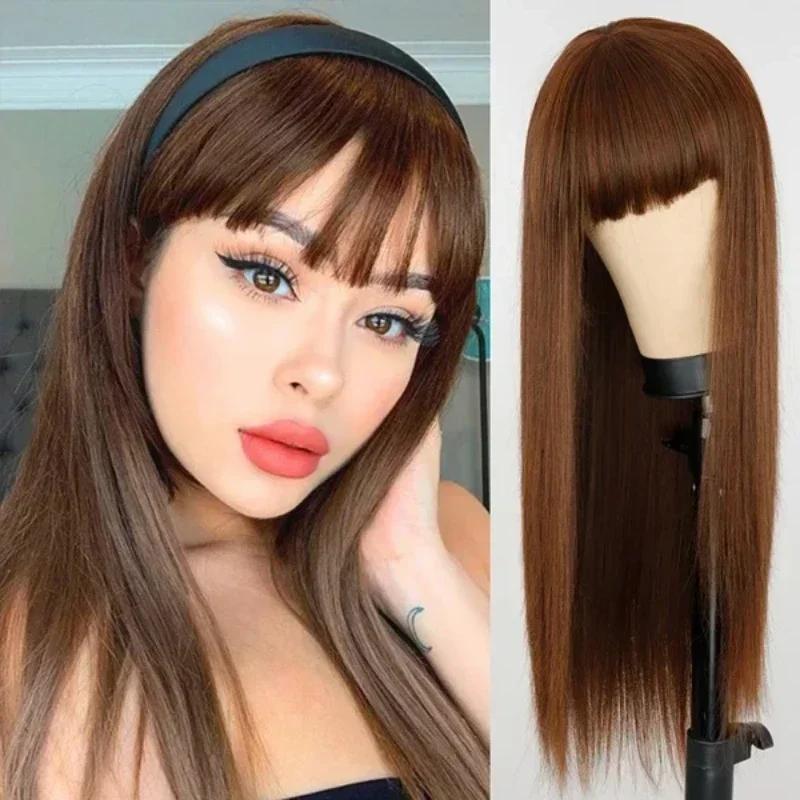 European and American Women's Long Bangs Straight Hair High-temperature Silk Synthetic Fiber Headband Available Multiple Colors