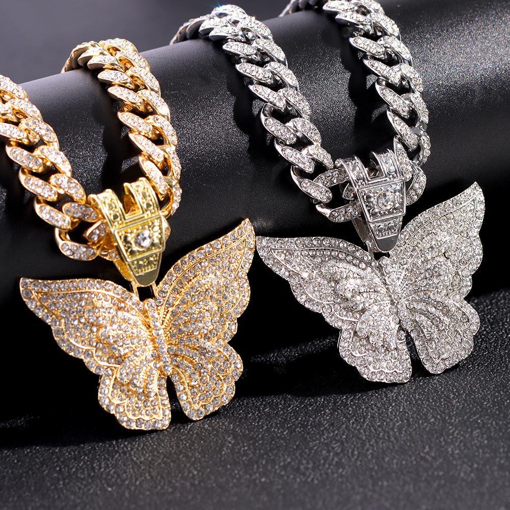 Cuban Chain Necklace European and American Cross-border Jewelry Punk Exaggerated Diamond-encrusted Big Butterfly Necklace