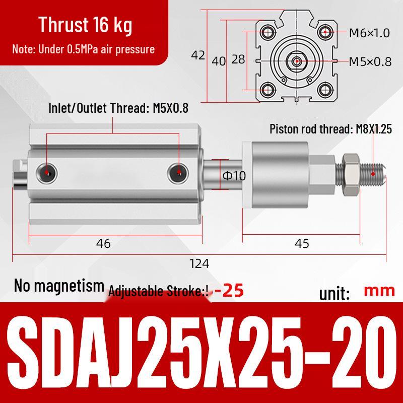Adjustable Stroke Pneumatic Thin Cylinder - Piston Rod Sizes: 16/20/25/32/40/63