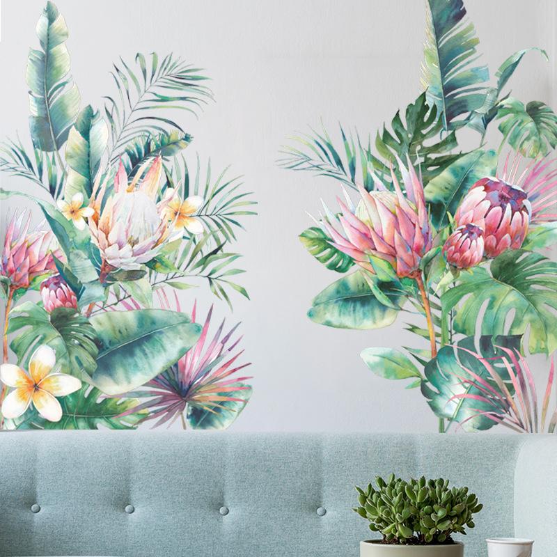 Tropical Green Leaves and Floral Wall Sticker Self-Adhesive Removable for Living Room Entryway Home Decor
