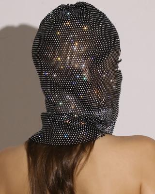 Women Sparkly Rhinestone Fishnet Turban Hat Hollow Mesh Head Cover Fashion Headmask for Party Music Festival Stage Performance