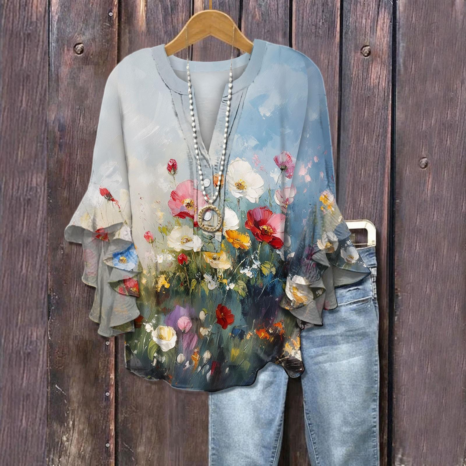 

Летние топы для женщин, симпатичные блузки с V-образным вырезом и рукавом 3/4, повседневные рубашки с цветочным принтом XL светло-синий