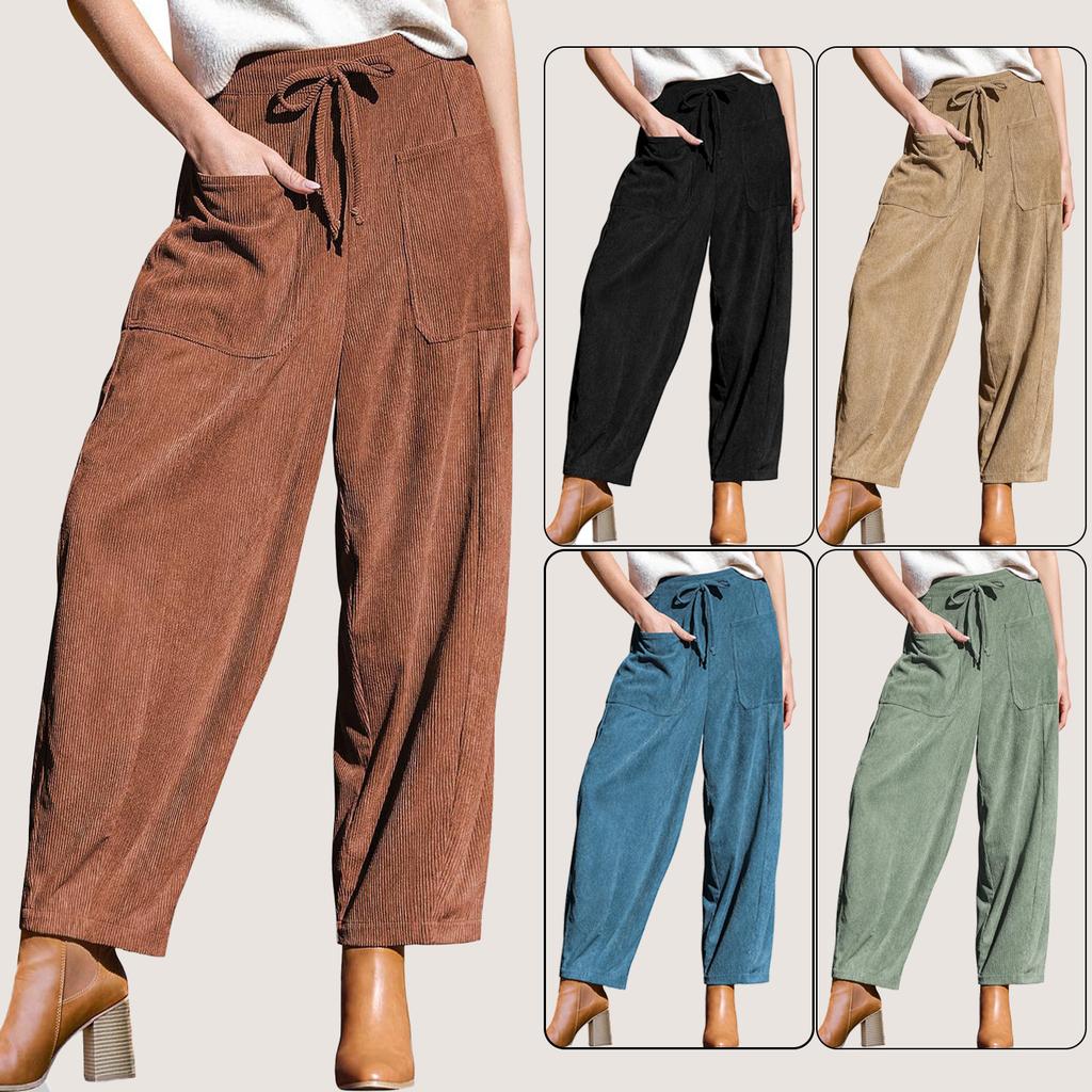 Women Corduroy Pants High Waist Drawstring Pocket Wide Leg Pants Casual Loose Fit Long Trousers Solid Color
