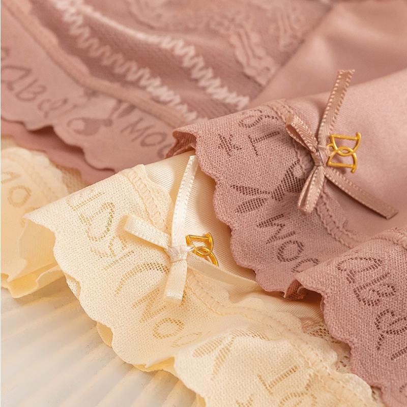 Nahtlose Damen-Slips aus Satin mit mittlerer Taille, Spitzen-Schleifenhöschen, niedliche Unterwäsche