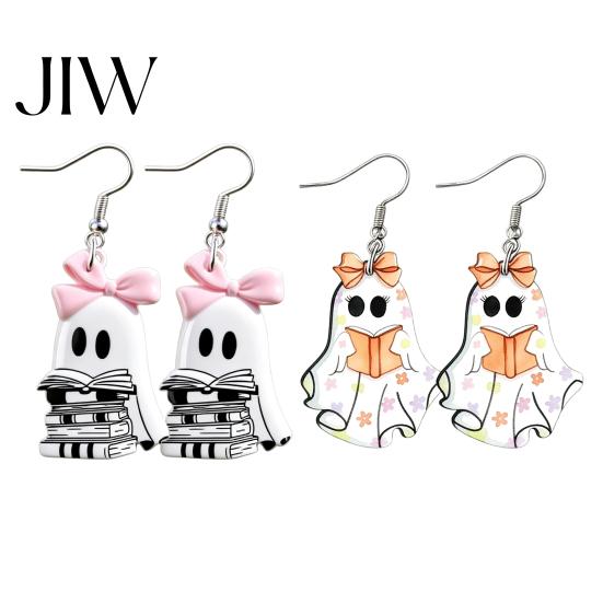 Polished Acrylic Charms Cute Reading Ghost Earrings, Sweet Bowknot Drop Fun Festival Jewelry Lightweight Halloween for Women Girls