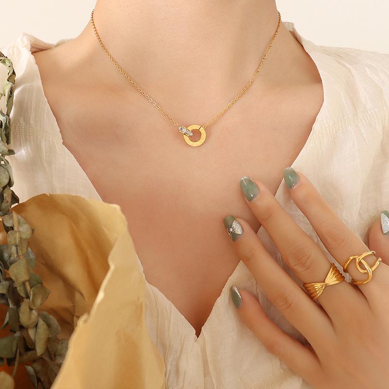 Personality Trend Roman Double Ring Earrings Necklace Titanium Steel Jewelry Set Plated 18K Real Gold Non-Fading