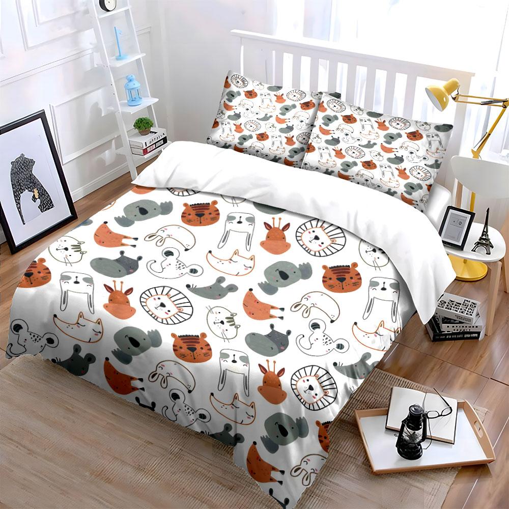 Cute Animal Faces Pattern Bedding Duvet Cover Set (1*Duvet Cover 2*Pillowcases, Without Duvet Insert)
