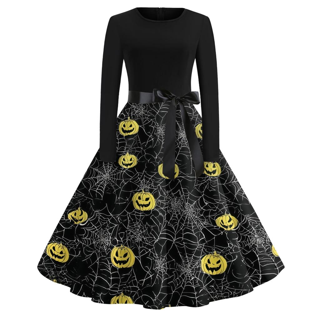 Women's Casual Halloween Print Round Neck Vintage Dress Long Sleeve Fit and Flare Midi Dress with Waist Tie for Seasonal Occasion